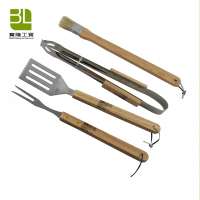 4 Pieces Long Wooden Handle BBQ Tools Set,Inclues Basting Brush,Fork,Spatula and Tong,Barbecue Outdoor Cooking