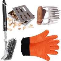 cheap Portable Stainless Steel 4 in 1 BBQ Tool Set with Bear Claw Meat Claws Silicone Oven Gloves Cleaning Brush and smoking box