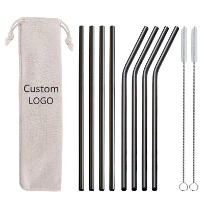 Reusable Colorful Custom 8 Pcs 304 Black Stainless Steel Straws Set Drinking Metal Straws With Cleaning Brush