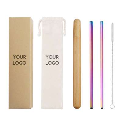 FDA Eco-Friendly 18/8 Metal Stainless Steel Straws set Reusable Drinking Straw with brush and Linen pouch Bamboo Wooden case